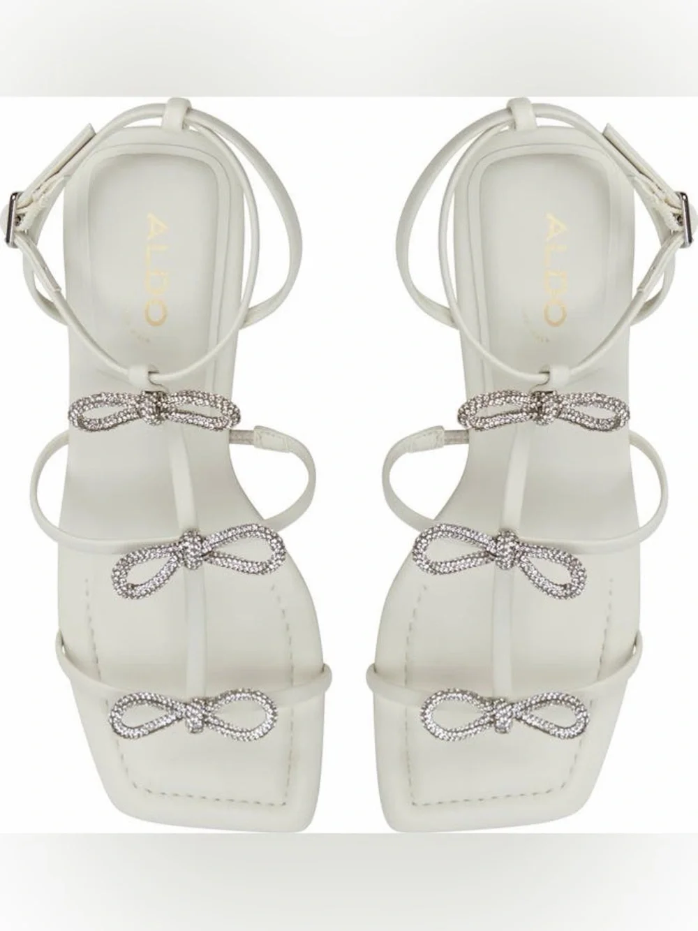 NEW! ALDO Kaeli Ankle Strap Sandal White Rhinestone Bows & Chunky Heel NIB Sz 10